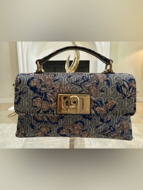 Furla Blue and Cream Jacquard Crossbody with Gold Hardware with golden hardware